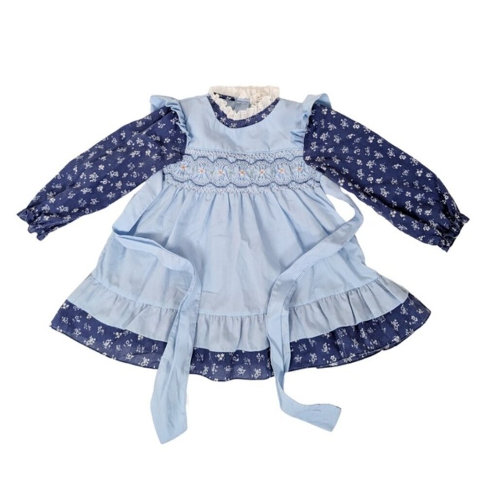 70s Floral Apron Dress Blue Lace Trim Long Sleeve Ruffles Ruched Navy